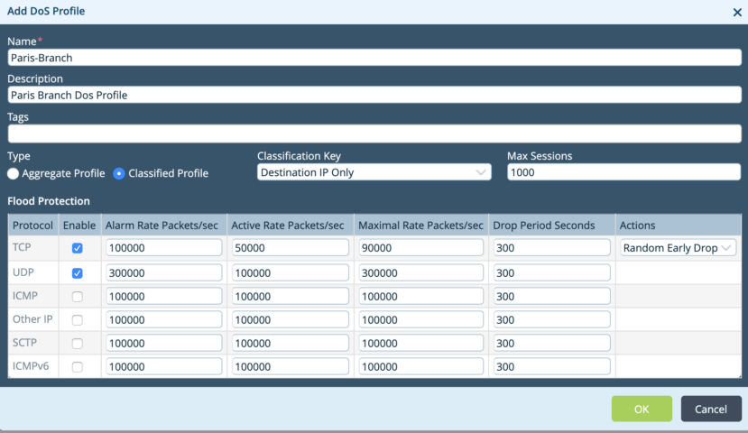 Configure DDOS profile