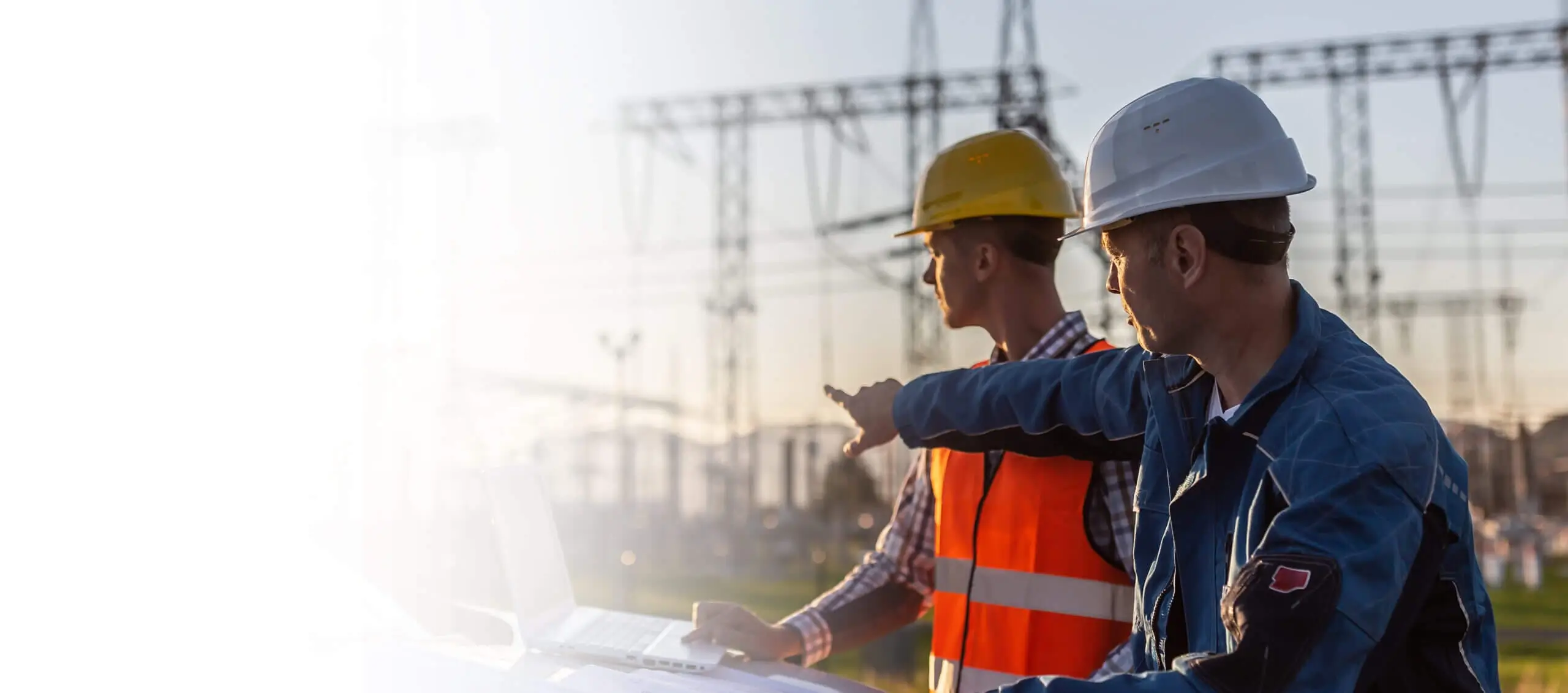 Blue collar worker points towards sun setting over power distribution center with white collar worker looking the same direction.